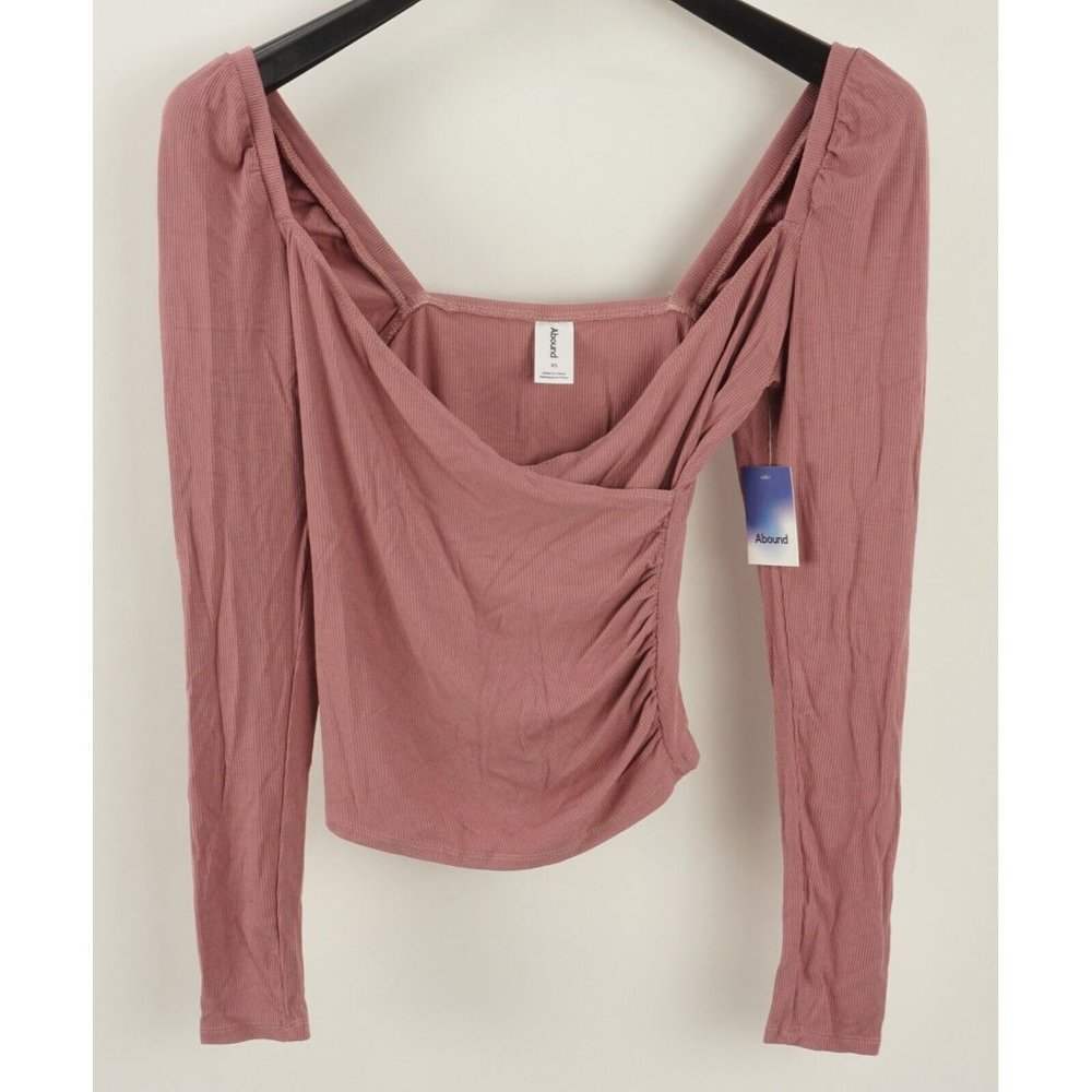 New ABOUND Women's Size XS Long Sleeve Pink Rib Knit V-Neck Faux Wrap Front Top